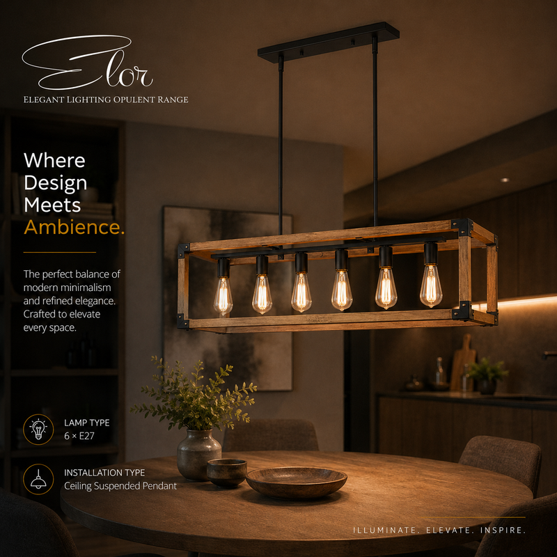 **Alt text:**

**Rustic six-light rectangular wooden pendant light with black metal accents and exposed Edison bulbs suspended above a round dining table in a modern dining room with warm ambient lighting.**
