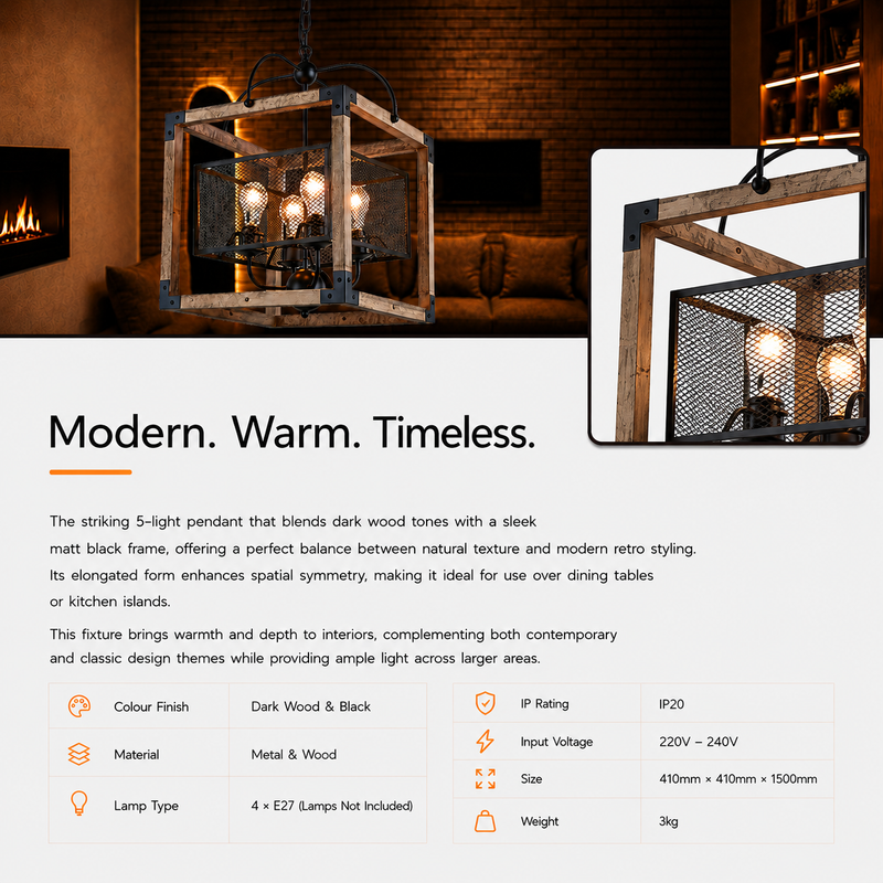 Modern pendant light fixture with dark wood and black frame in a room setting.