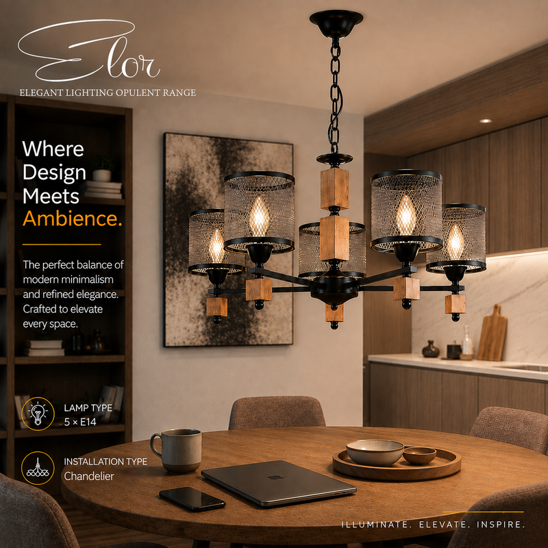 Lifestyle image of the Elor 5-light modern industrial chandelier suspended above a round dining table in a contemporary dining room. Featuring black metal mesh shades, rustic wood accents, and warm ambient lighting, the chandelier creates an inviting atmosphere ideal for dining rooms, kitchens, and open-plan living spaces. The graphic highlights compatibility with five E14 lamps and chandelier-style installation.