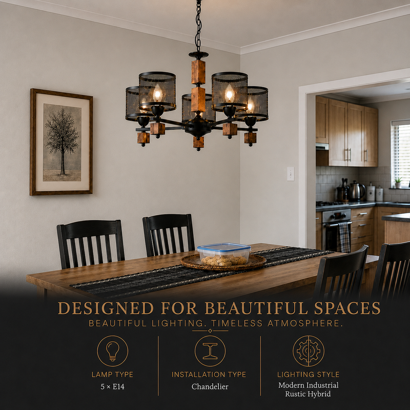 Lifestyle image of a black and wood modern industrial 5-light chandelier installed above a dining table in a contemporary dining room. Featuring mesh metal shades and warm ambient lighting, the chandelier creates a welcoming atmosphere and is ideal for dining rooms, kitchens, and open-plan living spaces. The image also highlights the use of five E14 lamps, chandelier installation, and a modern industrial rustic design.