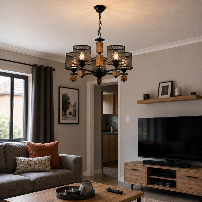 Lifestyle image of a black and wood industrial-style 6-light chandelier installed in a modern living room. The pendant light features mesh metal shades, warm ambient lighting, and rustic wooden accents, making it ideal for lounges, dining rooms, and open-plan living spaces with contemporary or farmhouse-inspired décor.