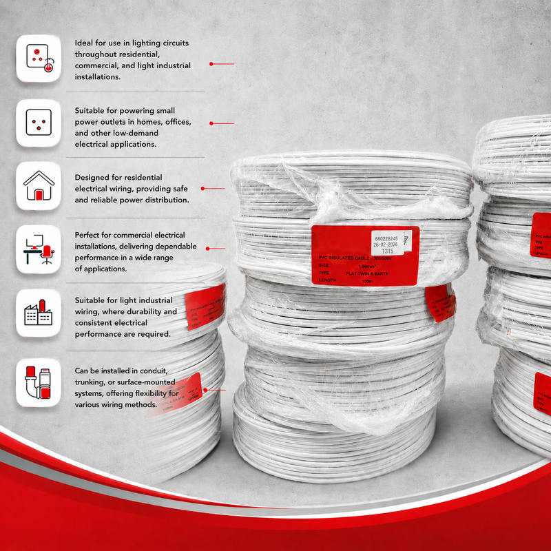 1.5MM FLAT SURFIX TWIN AND EARTH CABLE SABS APPROVED P/M 100m rolls of 1.5mm² SABS approved flat twin and earth cable highlighting applications for lighting circuits, residential wiring, commercial installations, light industrial use, and conduit, trunking, or surface-mounted wiring systems.