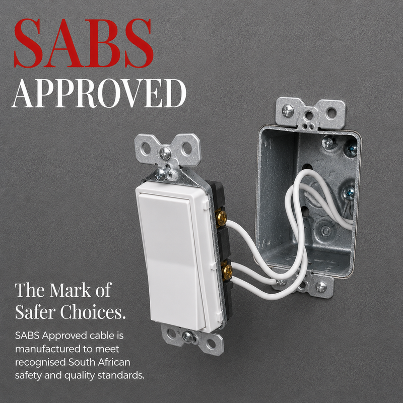 1.5MM FLAT SURFIX TWIN AND EARTH CABLE SABS APPROVED P/M Promotional graphic showing a white light switch wired with white flat twin and earth cable inside a metal wall box, with text highlighting that the cable is SABS approved for South African safety and quality standards.