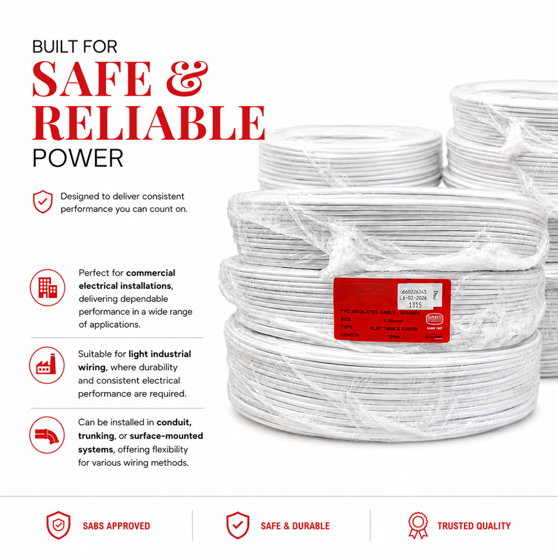 1.5MM FLAT SURFIX TWIN AND EARTH CABLE SABS APPROVED P/M 100m roll of 1.5mm² SABS approved flat twin and earth cable highlighting safe and reliable performance for residential, commercial, and light industrial electrical installations with conduit and trunking compatibility.