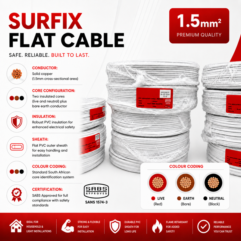 1.5MM FLAT SURFIX TWIN AND EARTH CABLE SABS APPROVED P/M SURFIX 1.5mm² Flat Twin and Earth Cable 100m roll with solid copper conductors, PVC insulation, SABS approval, colour coding for live, earth and neutral, and key electrical specifications.
