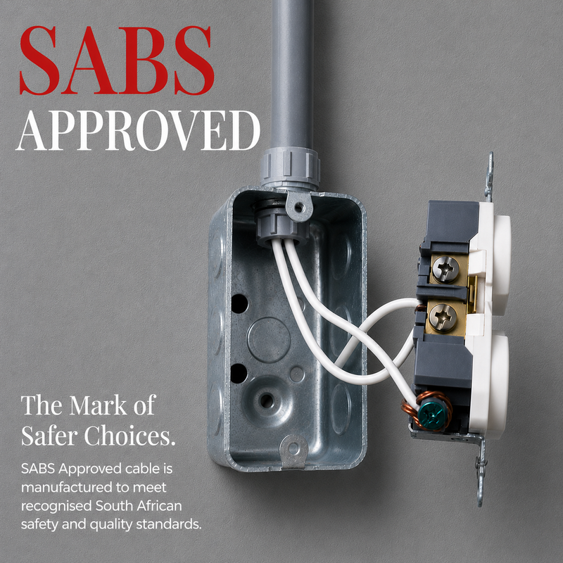 2.5MM FLAT SURFIX TWIN AND EARTH CABLE SABS APPROVED P/M SABS Approved promotional graphic showing a white flat twin and earth cable installed inside electrical conduit and connected to a wall socket in a metal electrical box. The image highlights compliance with South African safety and quality standards for residential and commercial electrical installations.