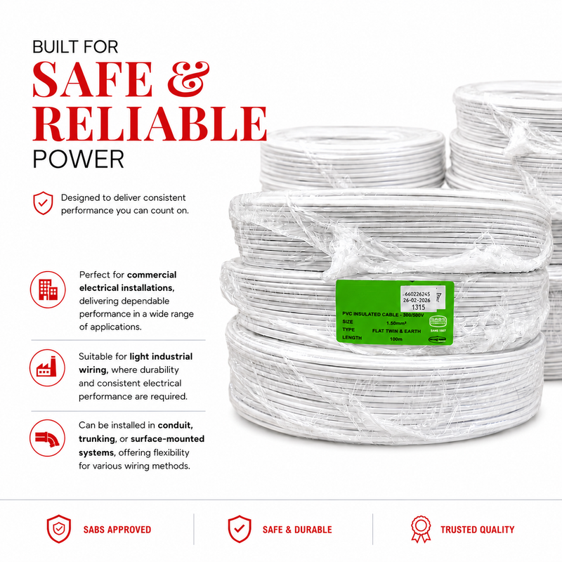 2.5MM FLAT SURFIX TWIN AND EARTH CABLE SABS APPROVED P/M 100m roll of 2.5mm² SABS approved flat twin and earth cable highlighting safe and reliable performance for residential, commercial, and light industrial electrical installations with conduit and trunking compatibility.