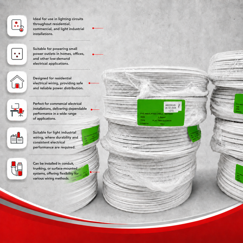 2.5MM FLAT SURFIX TWIN AND EARTH CABLE SABS APPROVED P/M 100m rolls of 2.5mm² SABS approved flat twin and earth cable highlighting applications for lighting circuits, residential wiring, commercial installations, light industrial use, and conduit, trunking, or surface-mounted wiring systems.