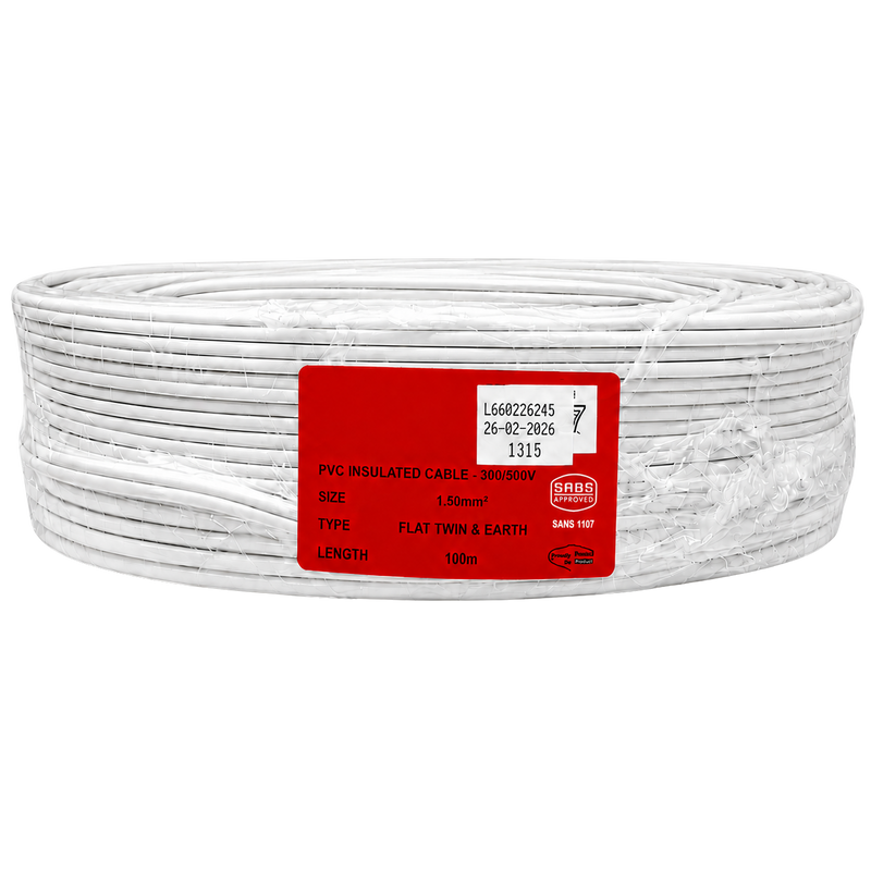 2.5MM 100M FLAT SURFIX TWIN AND EARTH CABLE SABS APPROVED SURFIX 1.5mm² Flat Twin and Earth Cable 100m roll with white PVC insulation, SABS approval, and solid copper conductors for residential and commercial electrical installations.