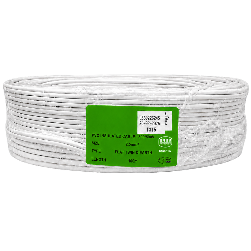 2.5MM 100M FLAT SURFIX TWIN AND EARTH CABLE SABS APPROVED SURFIX 2.5mm² Flat Twin and Earth Cable 100m roll with white PVC insulation, SABS approval, and solid copper conductors for residential and commercial electrical installations.