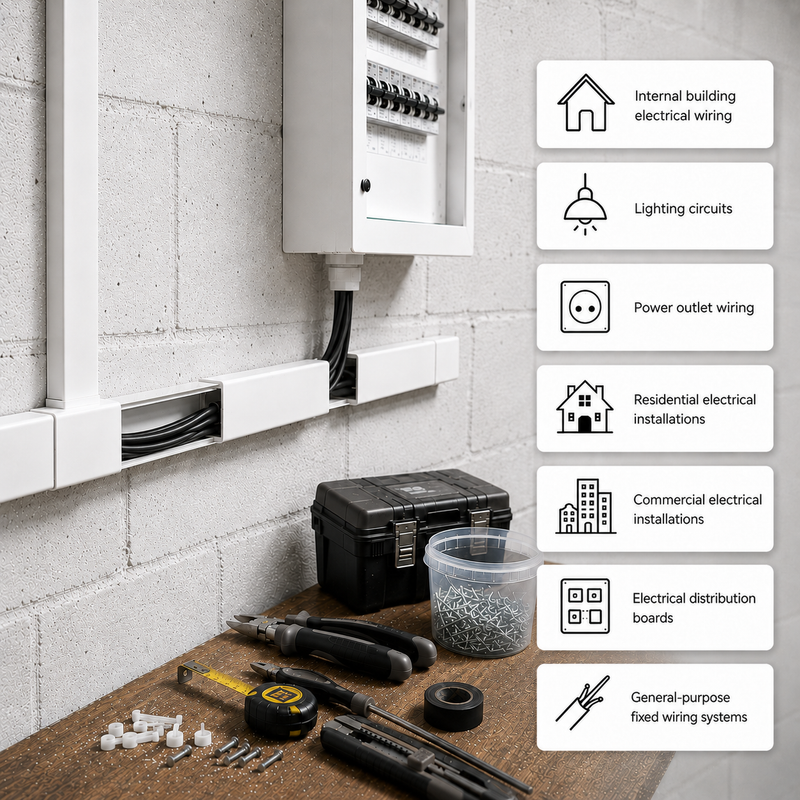 2.5MM BLACK GP HOUSEWIRE 100M Electrical distribution board with neatly routed black housewire installed in PVC trunking, showcasing applications for internal building wiring, lighting circuits, power outlets, residential and commercial installations, and general-purpose fixed wiring systems.