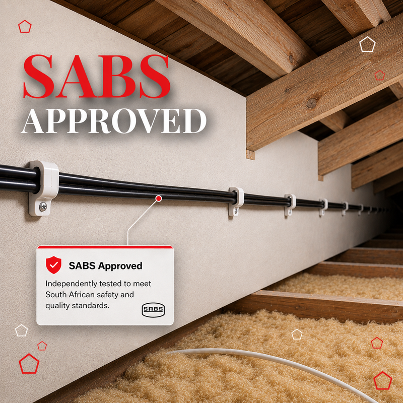 2.5MM BLACK GP HOUSEWIRE 100M SABS Approved electrical conduit installation in a roof space, showing neatly secured black conduit fixed to timber roof trusses with cable saddles, highlighting compliance with South African safety and quality standards for residential electrical wiring