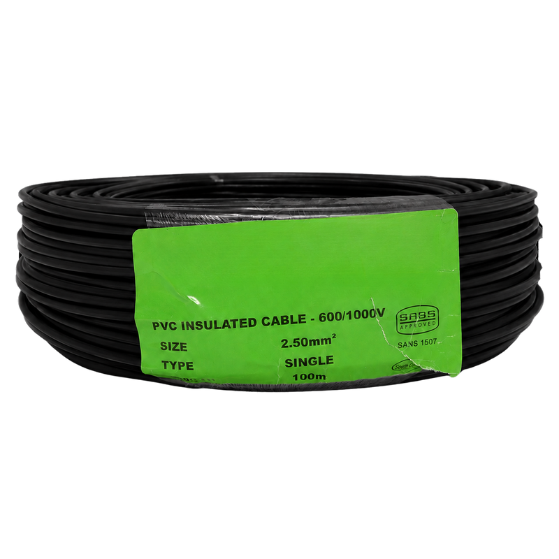 2.5MM BLACK GP HOUSEWIRE 100m 2.5mm black general purpose housewire supplied in a neatly coiled 100m roll with a green SABS-approved label, featuring durable PVC insulation for residential, commercial, and industrial electrical wiring applications.