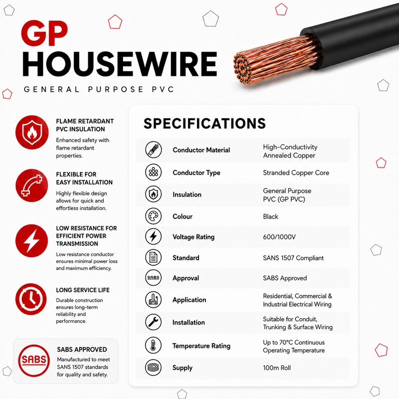2.5MM BLACK GP HOUSEWIRE 100M GP Housewire specification guide featuring stranded annealed copper conductor, general purpose PVC insulation, 600/1000V voltage rating, SANS 1507 compliance, SABS approval, installation methods, operating temperature up to 70°C, and residential, commercial, and industrial electrical wiring applications.