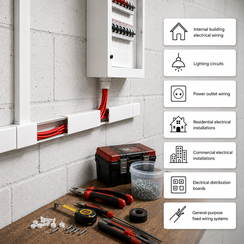 2.5MM RED GP HOUSEWIRE P/M 2.5mm² red general purpose housewire installed in surface trunking and a distribution board, highlighting applications for internal building wiring, lighting circuits, power outlets, residential and commercial electrical installations. 