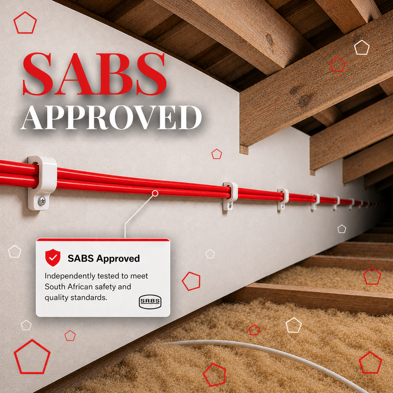 2.5MM RED GP HOUSEWIRE P/M SABS approved 2.5mm² red general purpose housewire installed along a wall in surface conduit, demonstrating a neat, professional electrical installation for residential or commercial applications.