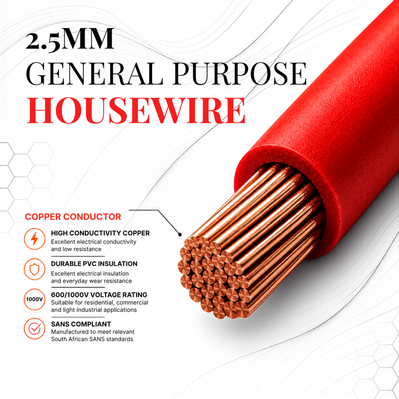 2.5MM RED GP HOUSEWIRE P/M
 2.5mm² red general purpose housewire infographic featuring stranded copper conductor, durable PVC insulation, 600/1000V voltage rating, and SANS-compliant construction for residential, commercial, and light industrial electrical installations.