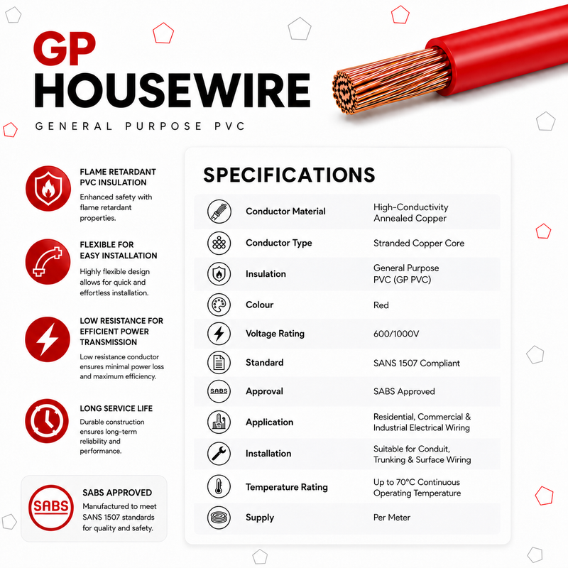 2.5MM RED GP HOUSEWIRE P/M GP Housewire specification sheet for 2.5mm² red general purpose housewire featuring stranded annealed copper conductor, PVC insulation, 600/1000V rating, SANS 1507 compliance, SABS approval, applications, installation methods, and key product features.