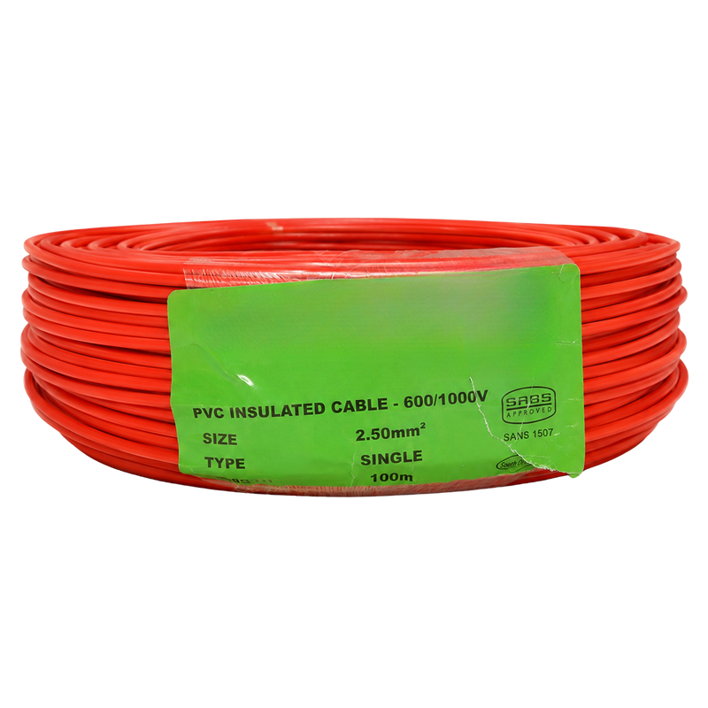 2.5MM RED GP HOUSEWIRE 100M Front view of a 100m roll of 2.5mm² red PVC insulated single-core electrical cable with a green SABS-approved product label, shown on a white background.