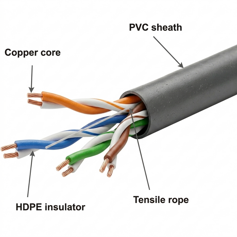 Cross-section diagram of a cable with labeled components on a white background