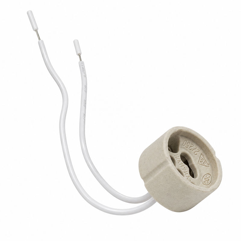 A ceramic two-pin electrical connector with white insulated wires and a beige ceramic body, shown on a plain white background.