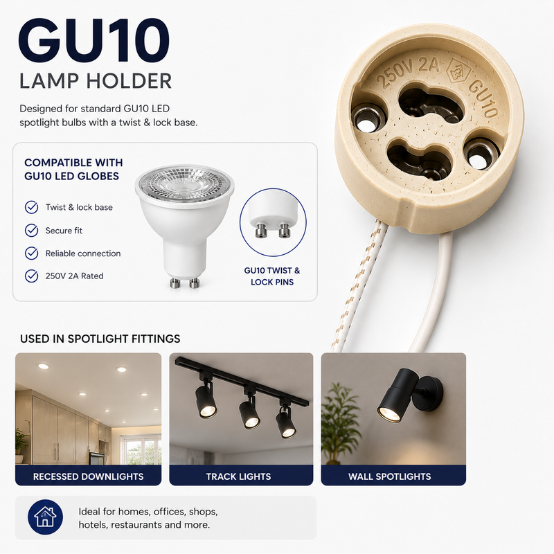 GU10 lamp holder shown on a white infographic background, with a large close-up of the beige twist-lock base, a bulb inset, compatibility text, and three small usage examples for recessed downlights, track lights, and wall spotlights.