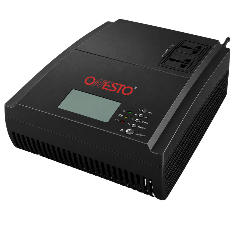ONESTO 900W 1000VA 12VDC inverter showing the LCD display, control buttons, LED status indicators, and dual universal AC output sockets.