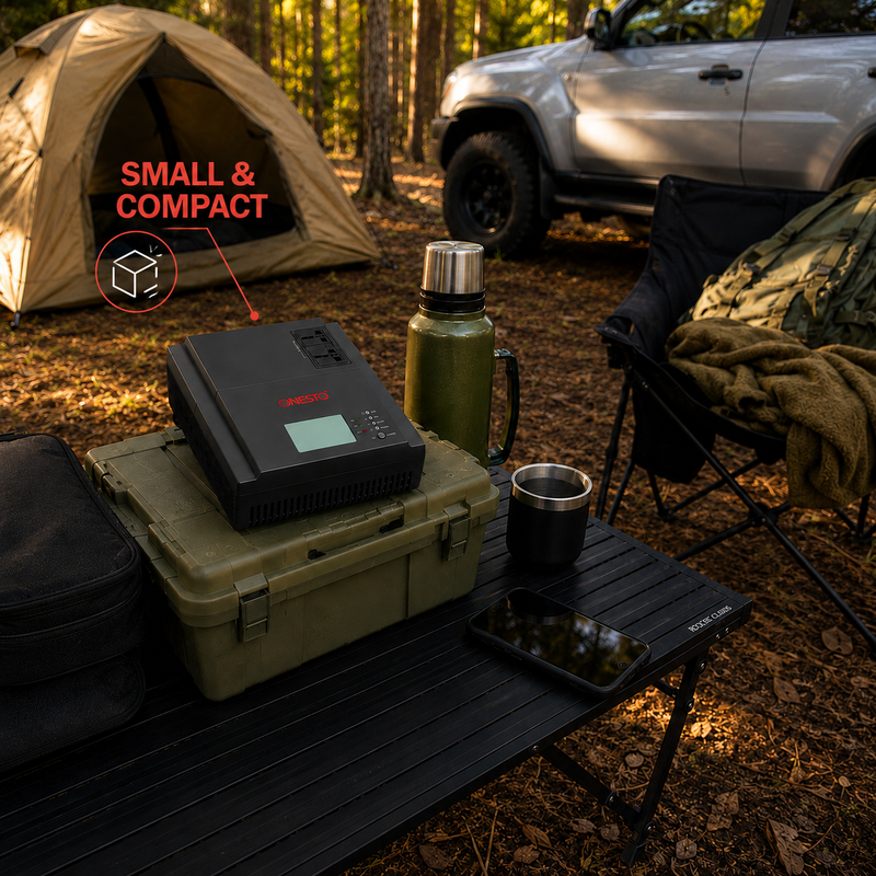 ONESTO 900W 1000VA 12VDC Inverter in a camping setup, showcasing its compact design for reliable portable backup power during outdoor adventures and off-grid use.