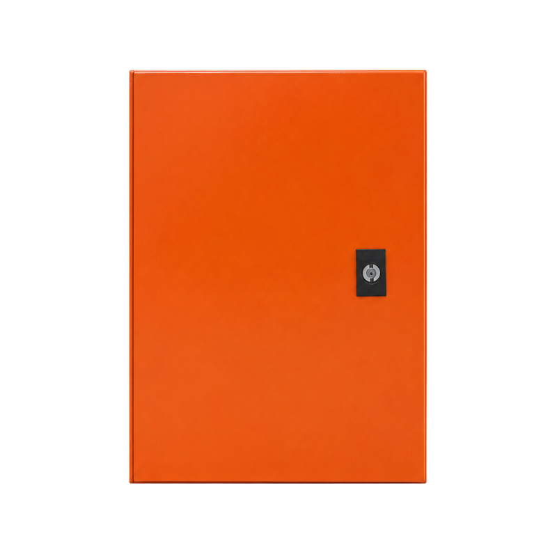 IP65 ORANGE WALL MOUNT ENCLOSURE  300X250X200MM Front view of a heavy-duty orange steel electrical enclosure with a lockable latch. The enclosure features a durable powder-coated finish and is designed for secure indoor and outdoor electrical installations.