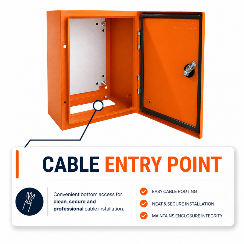 IP65 ORANGE WALL MOUNT ENCLOSURE  300X250X200MM Open heavy-duty orange steel electrical enclosure highlighting the bottom cable entry point for neat and secure cable routing. The infographic emphasizes easy installation while maintaining the enclosure's integrity for professional electrical applications.