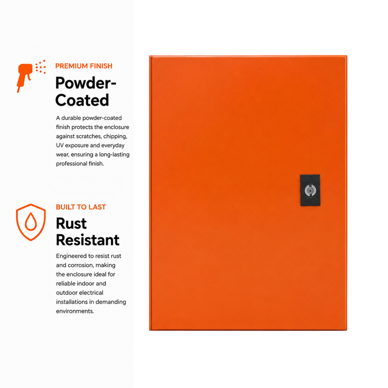 IP65 ORANGE WALL MOUNT ENCLOSURE  300X250X200MM  Promotional graphic of a heavy-duty orange steel electrical enclosure highlighting its powder-coated finish and rust-resistant construction. The image emphasizes a durable, long-lasting coating that resists scratches, chipping, UV exposure, and corrosion for reliable indoor and outdoor electrical installations.
