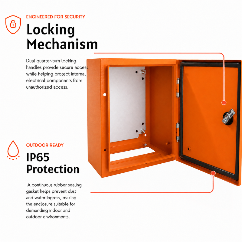 IP65 ORANGE WALL MOUNT ENCLOSURE  300X250X200MM Promotional graphic of an orange IP65 steel electrical enclosure with the door open, highlighting its secure locking mechanism and weather-resistant design. The image emphasizes dual quarter-turn locking handles for added security and a continuous rubber gasket that provides dust-tight and water-resistant protection, making the enclosure suitable for demanding indoor and outdoor electrical installations.