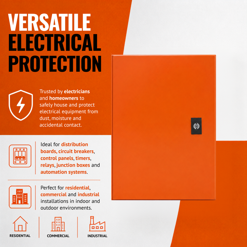 IP65 ORANGE WALL MOUNT ENCLOSURE  300X250X200MM  Promotional infographic featuring a heavy-duty orange steel electrical enclosure for electrical protection. The image highlights its suitability for distribution boards, circuit breakers, control panels, relays, and automation systems, with applications in residential, commercial, and industrial environments.