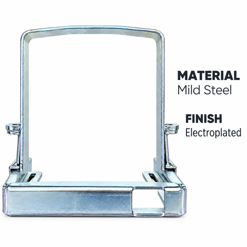 GEMINI SLIDING GATE MOTOR ANTI-TAMPER BRACKET Gemini gate motor mounting bracket made from mild steel with an electroplated finish. Features a rectangular upright frame, side support brackets, slotted mounting holes and a front crossbar with a rectangular cut-out, displayed on a white background.