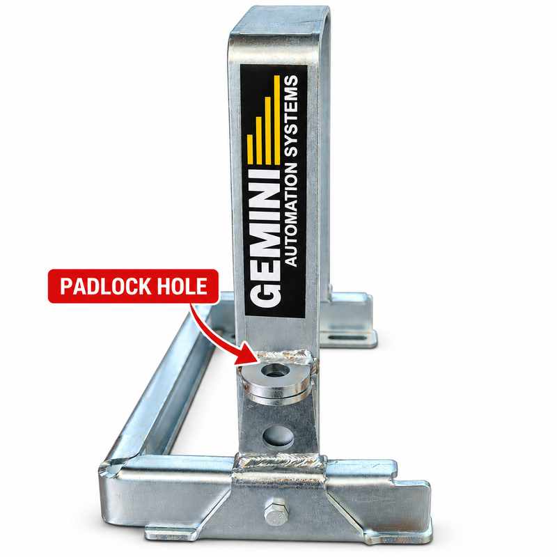 GEMINI SLIDING GATE MOTOR ANTI-TAMPER BRACKET Gemini galvanised steel gate motor mounting bracket featuring a reinforced padlock hole for added security, with an arrow highlighting the locking point. Durable metallic construction with a Gemini Automation Systems branded upright support, shown on a white background.