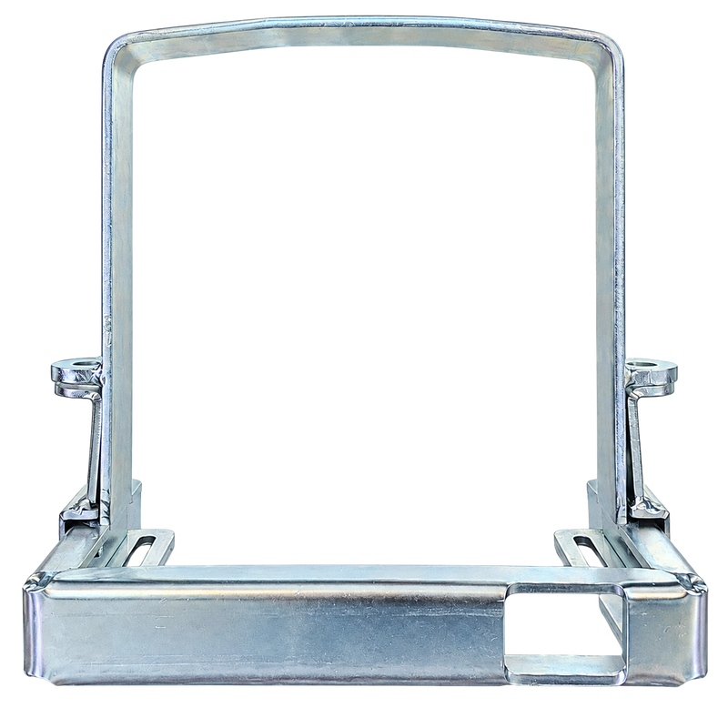 GEMINI SLIDING GATE MOTOR ANTI-TAMPER BRACKET Galvanised steel U-frame mounting bracket with a rectangular upright frame, reinforced side supports, slotted mounting holes and a front crossbar with a rectangular cut-out, displayed on a black background.
