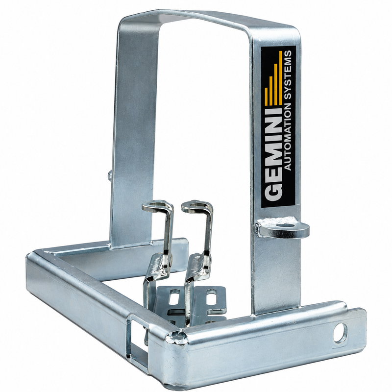 GEMINI SLIDING GATE MOTOR ANTI-TAMPER BRACKET Gemini gate automation mounting bracket made from galvanised steel, featuring a tall upright frame, base mounting rails, slotted fixing holes and metal support clips. Includes a Gemini Automation Systems branded label and a durable metallic finish, displayed on a white background.