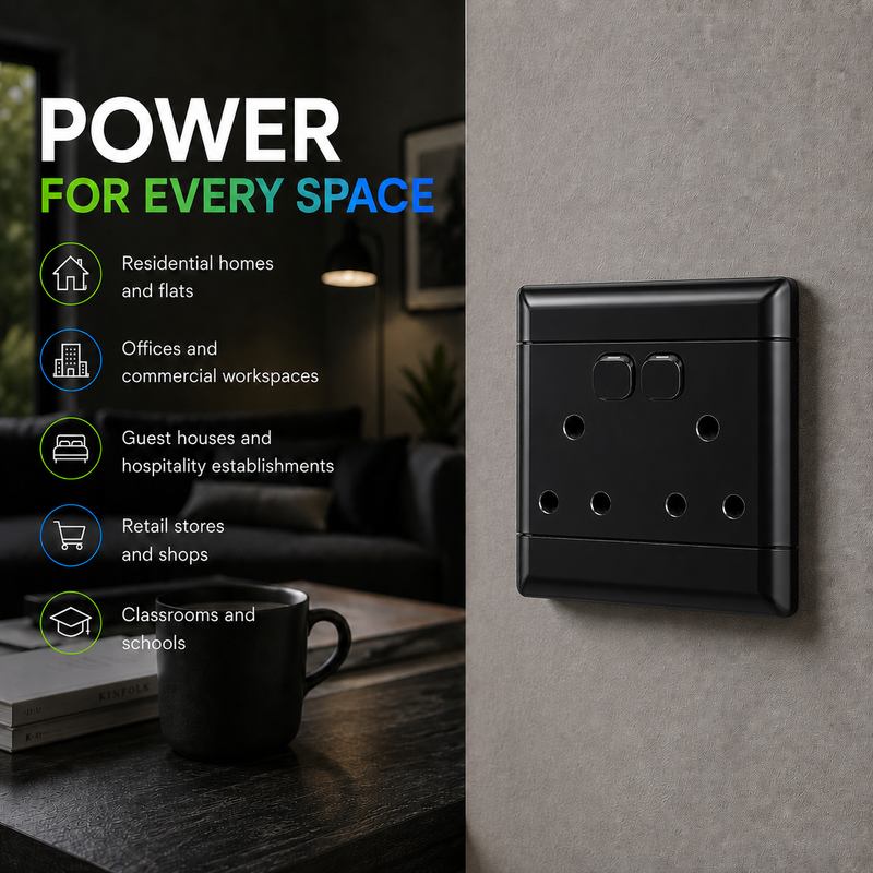 NEU 16A DOUBLE SOCKET WALL PLUG Lifestyle image of a black 16A South African double wall socket with dual switches, installed on a modern interior wall. The image highlights its suitability for residential homes, offices, hospitality establishments, retail stores, and educational facilities, showcasing a clean, professional installation in a contemporary setting.