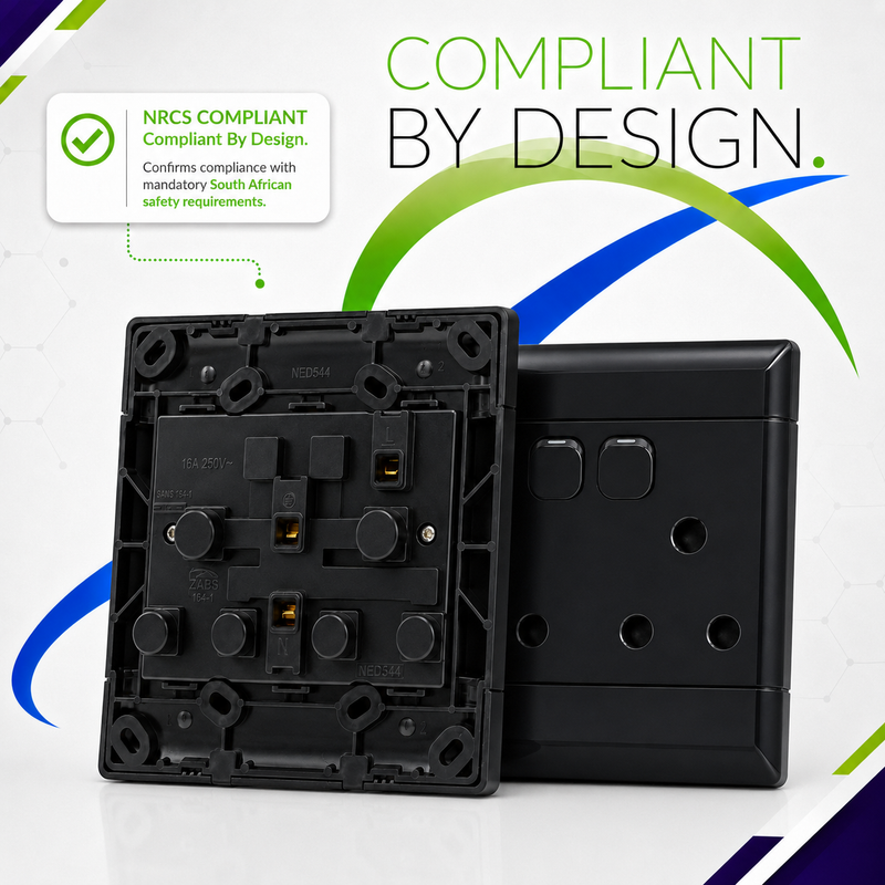 NEU 16A DOUBLE SOCKET WALL PLUG Front and rear view of a black 16A South African double wall socket displayed together, highlighting its durable internal construction and NRCS Compliant by Design certification. Suitable for safe residential and commercial electrical installations.
