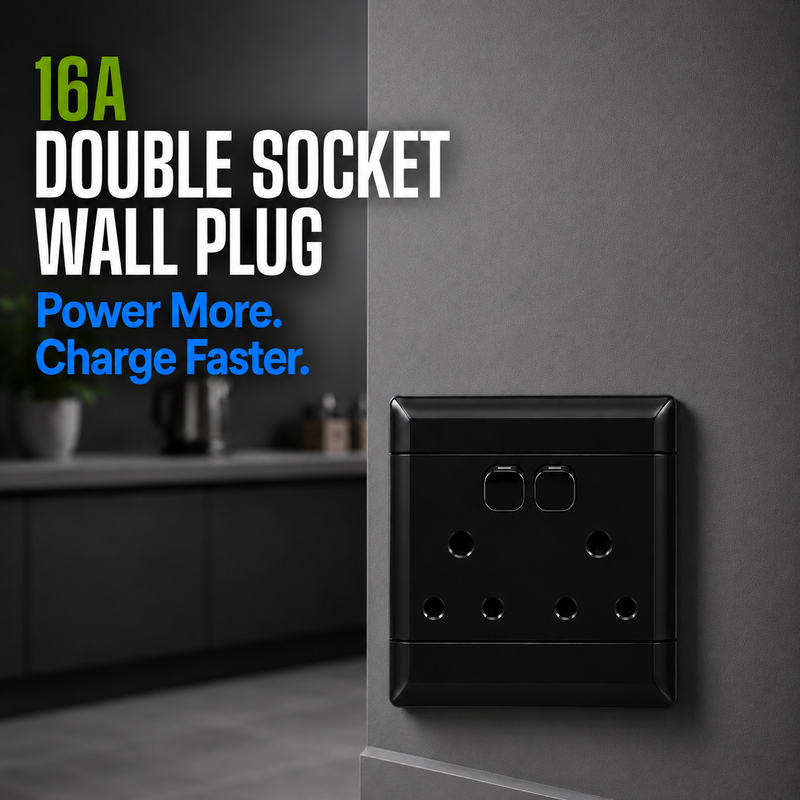 NEU BLACK 16A DOUBLE SOCKET WALL PLUG Lifestyle image of a black 16A South African double wall socket with two independent switches, installed on a modern interior wall in a home. Promotional text highlights the double socket wall plug for reliable everyday power in residential environments.