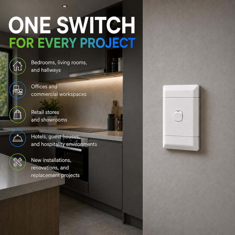 NEU 1 LEVER 1 WAY LIGHT SWITCH Lifestyle image of a white 1-lever 1-way light switch installed on a modern interior wall beside a contemporary kitchen. The graphic highlights its suitability for bedrooms, living rooms, hallways, offices, retail stores, hotels, and renovation projects, emphasizing its versatility for residential, commercial, and hospitality applications.