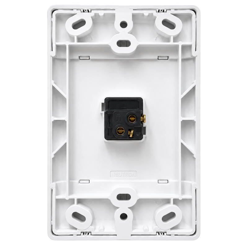 NEU 1 LEVER 1 WAY LIGHT SWITCH Rear view of a white 1-lever 1-way light switch showing the mounting base and electrical terminal block. The image highlights the durable plastic construction, rear wiring connection, and mounting points for easy installation in standard 4×2 electrical boxes.