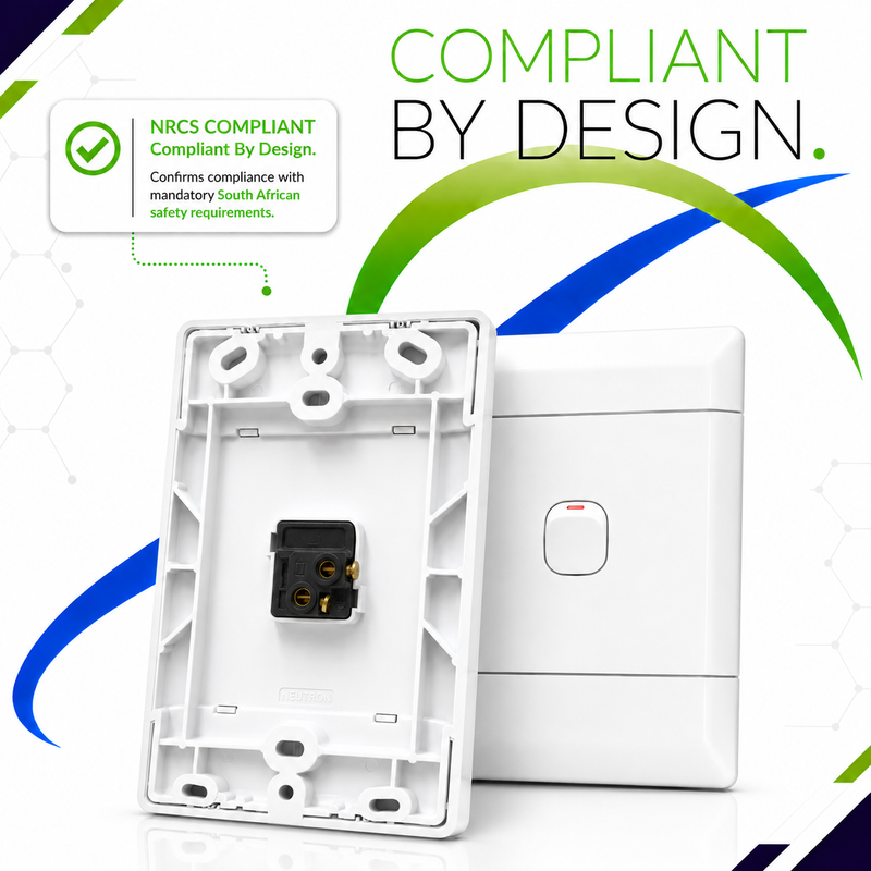 NEU 1 LEVER 1 WAY LIGHT SWITCH Promotional graphic of a white 1-lever 1-way light switch showcasing both the front and rear views. The image highlights NRCS compliance, confirming the switch is designed to meet South African safety requirements. It emphasizes the durable construction, rear wiring terminals, and suitability for safe residential, commercial, and industrial electrical installations.