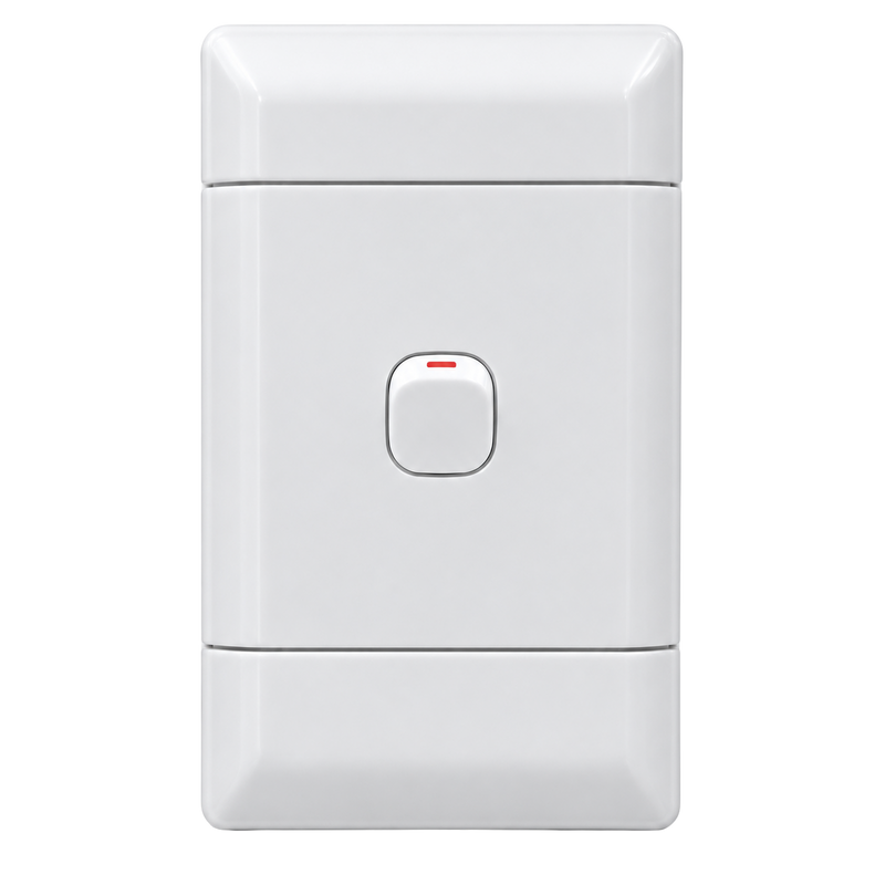 NEU 1 LEVER 1 WAY LIGHT SWITCH Front-facing product image of a white 1-lever 1-way light switch with a slim, modern design and a red indicator on the rocker. The switch is isolated on a transparent background, making it ideal for residential, commercial, and industrial electrical installations.