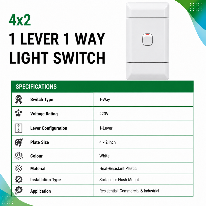 NEU 1 LEVER 1 WAY LIGHT SWITCH Product specification sheet for a white 4×2 1 Lever 1 Way Light Switch. The image includes a front view of the switch and a specification table listing: 1-way operation, 220V rating, 1-lever configuration, 4×2 inch plate size, white heat-resistant plastic construction, surface or flush mount installation, and suitability for residential, commercial, and industrial applications.