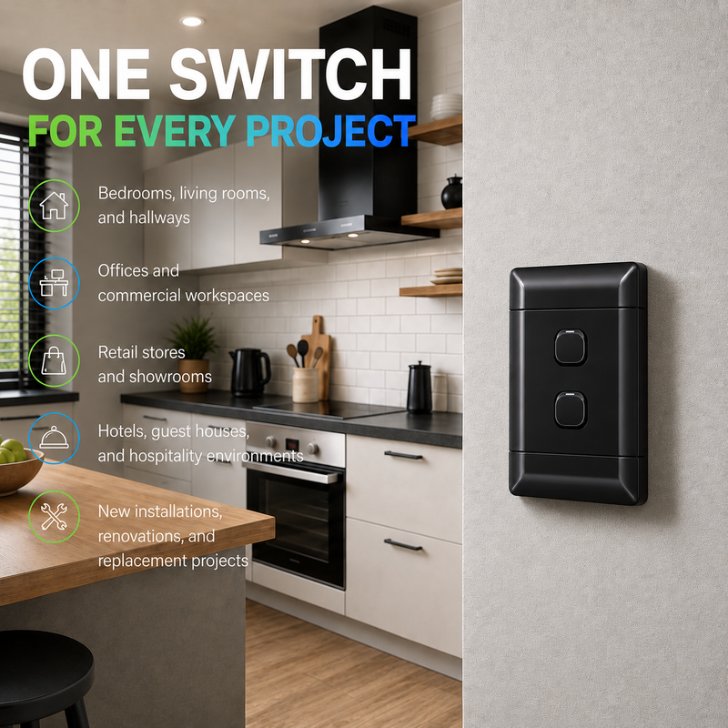 NEU BLACK 2 LEVER 1 WAY LIGHT SWITCH Black 4×2 double 1-way light switch mounted on a textured wall in a modern kitchen, with two rocker switches and project application text.