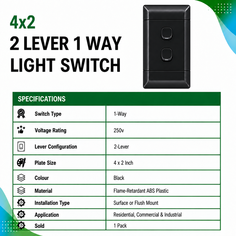 NEU BLACK 2 LEVER 1 WAY LIGHT SWITCH Black 4×2 double 1-way light switch specification sheet showing a two-lever switch, 250V rating, flame-retardant ABS plastic construction, surface or flush mounting, and 1-pack quantity.
