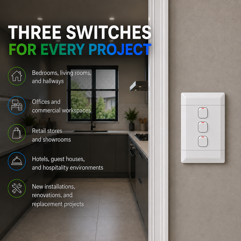 NEU 3 LEVER 1 WAY LIGHT SWITCH White 4×2 triple 1-way light switch with three rocker switches and red indicator lights, mounted on a textured wall in a modern kitchen.