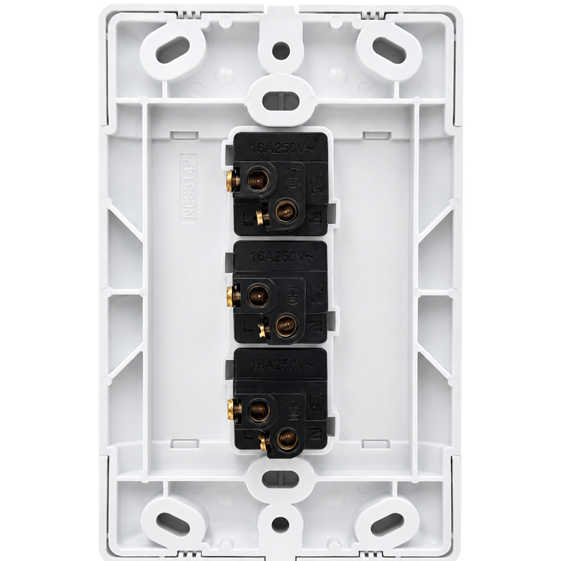 NEU 3 LEVER 1 WAY LIGHT SWITCH Rear view of a white 4×2 triple 1-way light switch showing the mounting frame and three 16A 250V switch mechanisms with screw terminals.