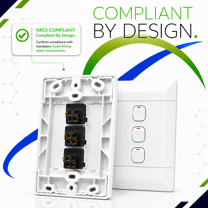 NEU 3 LEVER 1 WAY LIGHT SWITCH NRCS-compliant white 4×2 triple 1-way light switch showing the front cover and rear mounting frame with three 16A 250V switch mechanisms.
